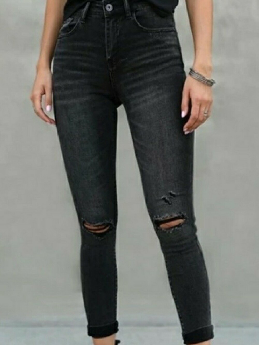 RISEN HW KNEE DISTRESSED SKINNY JEANS